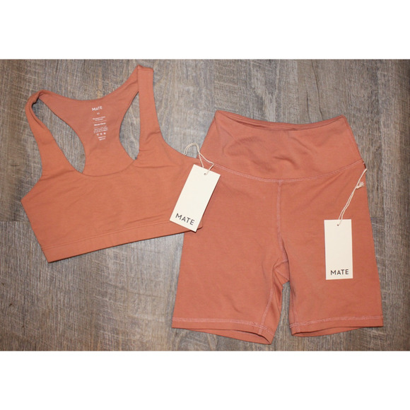 Mate the Label Women Organic Sports Bra, Leggings & Biker Short Set XS ROSE PINK - Picture 3 of 6